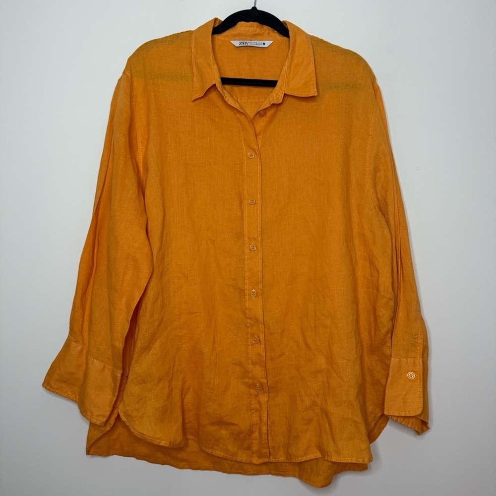 ZARA Beachy Lagenlook 100% Linen Oversized Orange Classic Buttondown Shirt